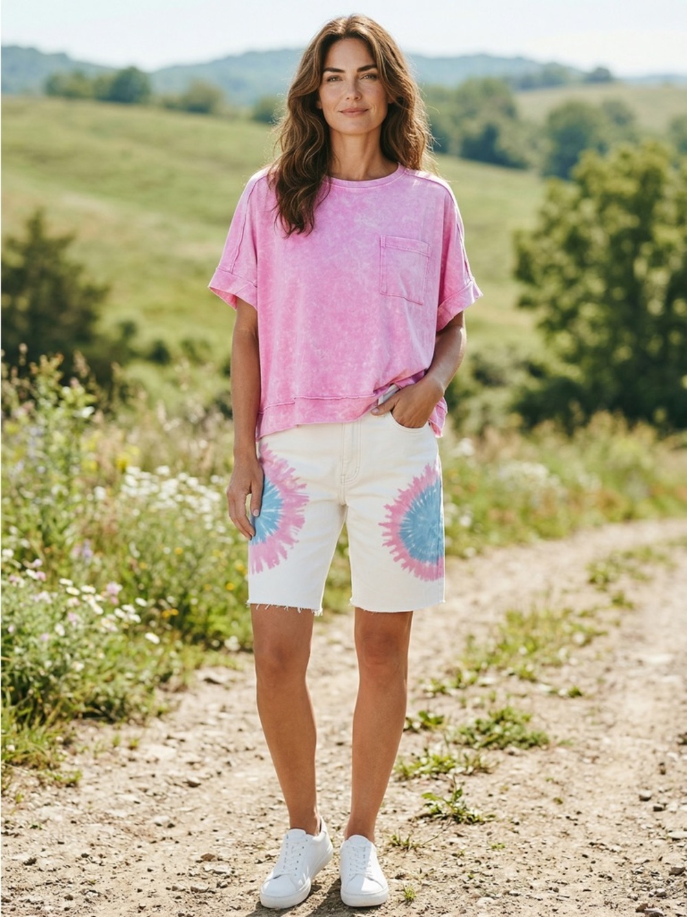 easel Cream Tie-Dye Bermuda Shorts with Pink & Blue Sunbursts